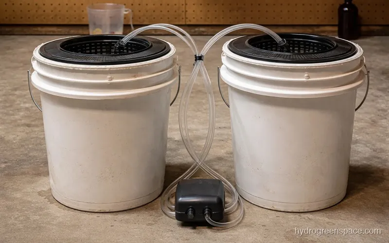 Two 5-gallon DWC buckets with net pot lids and air lines connected to a single air pump in a home grow setup