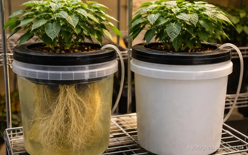 Two pepper plants in separate DWC buckets showing dense white roots visible through a clear section of the reservoir