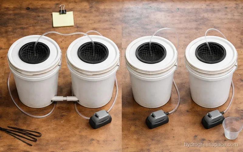 Overhead comparison of two DWC buckets connected by tubing in RDWC configuration next to two standalone independent buckets