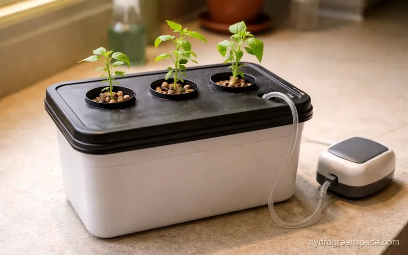 Three small herb plants growing in net pots inside a dark-lidded tote with an air line visible at the side