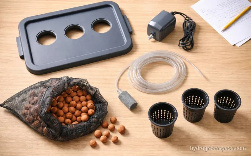 Disassembled DWC parts laid out on a table including tote lid with net pot holes, air pump, tubing, air stone, and a bag of clay pebbles