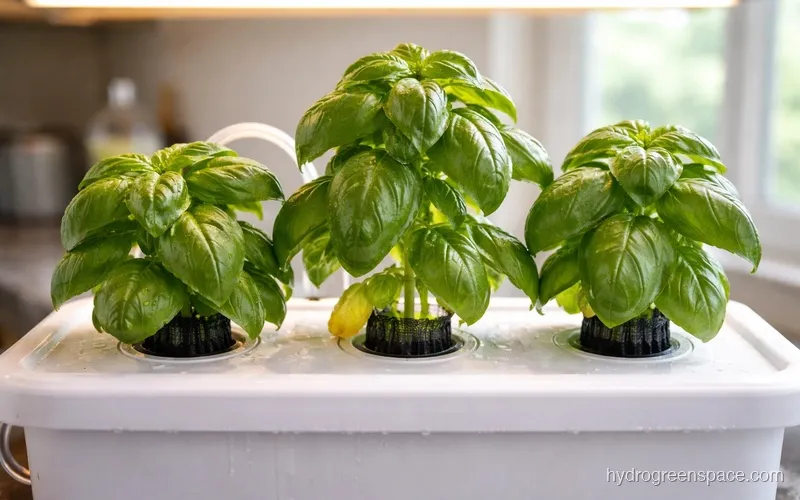 Three healthy basil plants growing in net pots inside a white tote system with green leaves visible above the lid