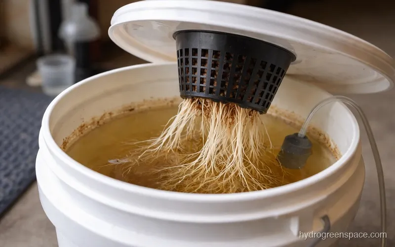 Cross-section diagram showing a net pot in a bucket lid with roots submerged in nutrient solution and an air stone at the bottom
