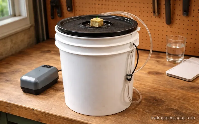 Complete 5-gallon bucket deep water culture setup with net pot lid and air pump ready for planting