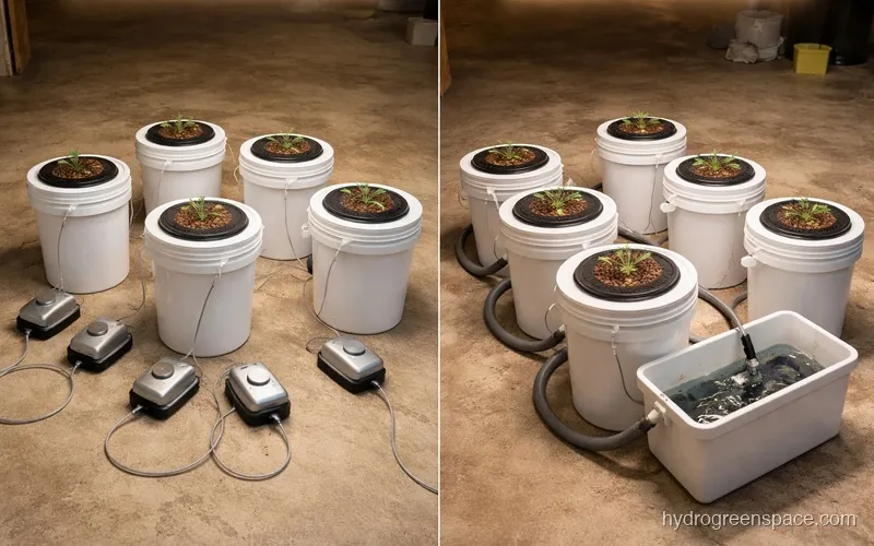 Side-by-side diagram of 6 standalone DWC buckets versus 6 RDWC buckets connected to a central reservoir