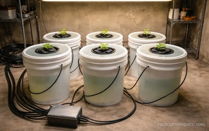 6 bucket DWC setup with labeled air lines running from a single pump to each bucket, air stones visible at the bottom