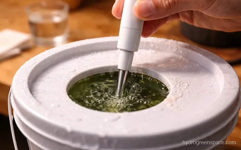 Close-up of a pH meter probe dipped into a hydroponic bucket, showing a reading display