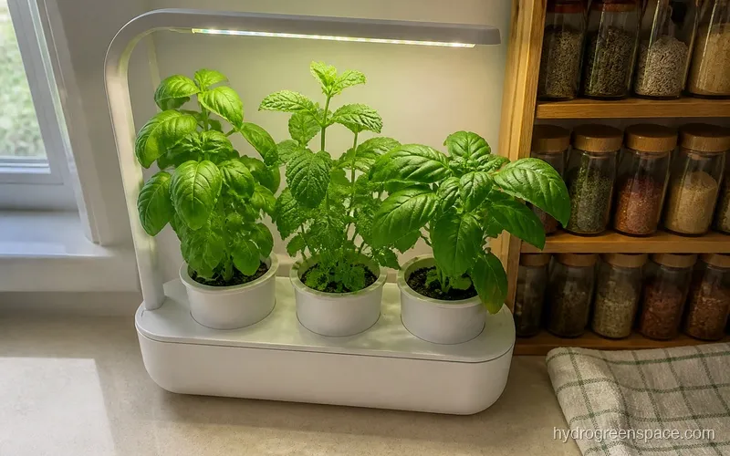 AeroGarden Sprout 3-pod unit on kitchen countertop with basil and mint growing