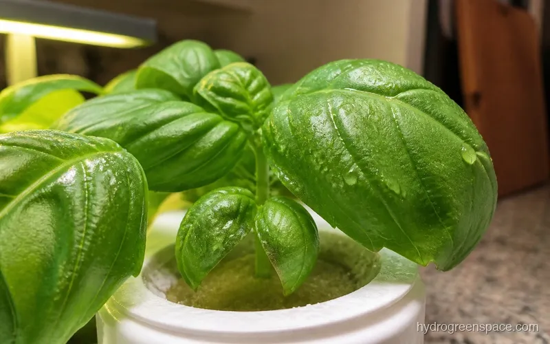 Close-up of basil leaves growing in AeroGarden Sprout pod showing healthy green growth