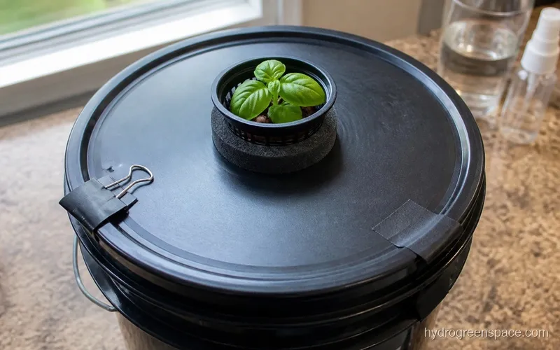 A black net cup with a foam collar insert blocking light around the base inside a black DWC bucket lid, with a small seedling visible above