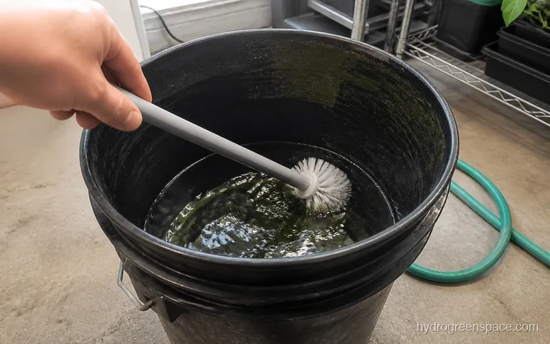 Hands scrubbing the interior of a black hydroponic bucket with a long-handled brush, clear water replacing green-tinged algae water