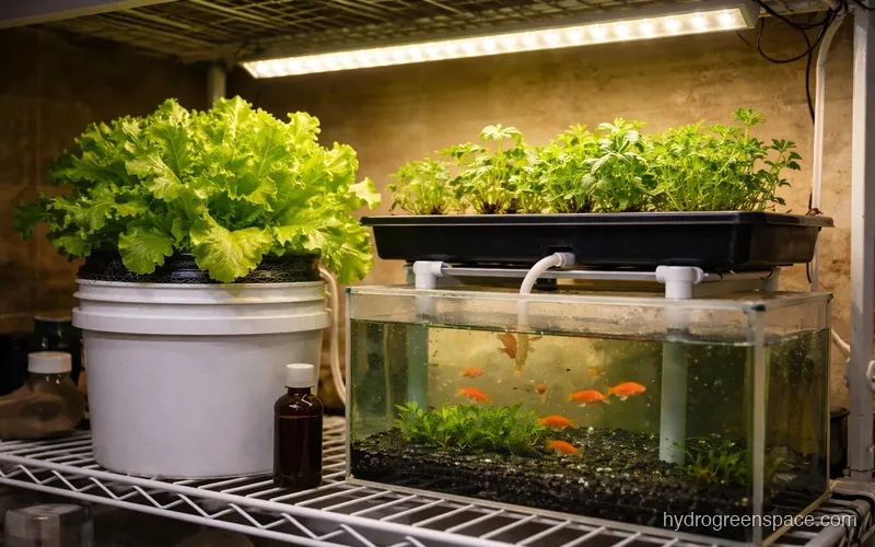 A hydroponic DWC reservoir beside an aquaponic fish tank with elevated grow beds on wire shelving