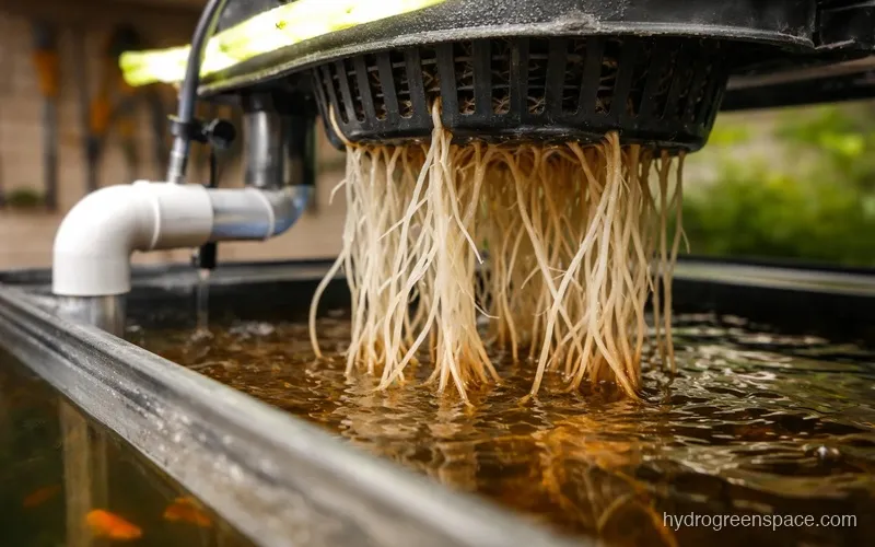 Close-up of plant roots in amber-tinted aquaponic water with fish visible below in soft focus