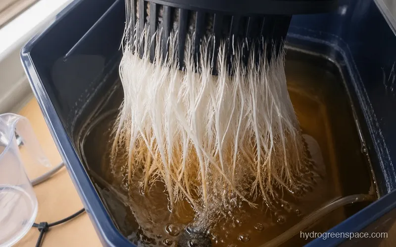 Close-up of hydroponic strawberry roots suspended in a nutrient solution reservoir with visible healthy white root mass