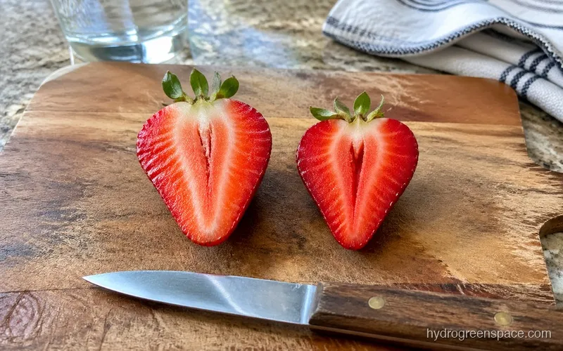 Side-by-side of a hydroponic strawberry and a soil-grown strawberry on a cutting board, both halved to show interior flesh and seeds