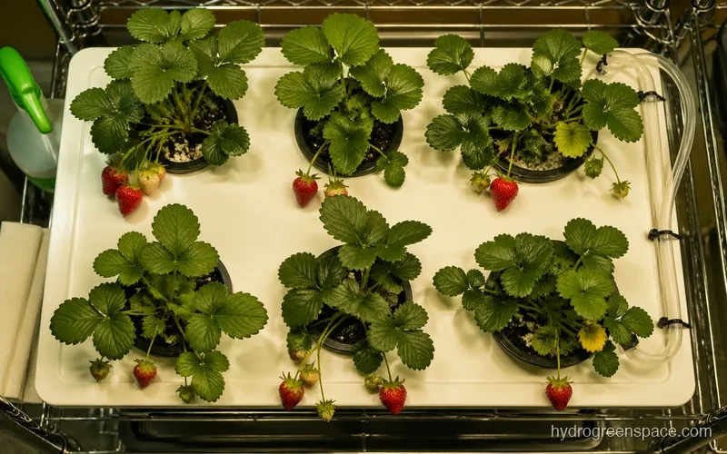 Home hydroponic strawberry system with ripe red strawberries ready for harvest, shown from above