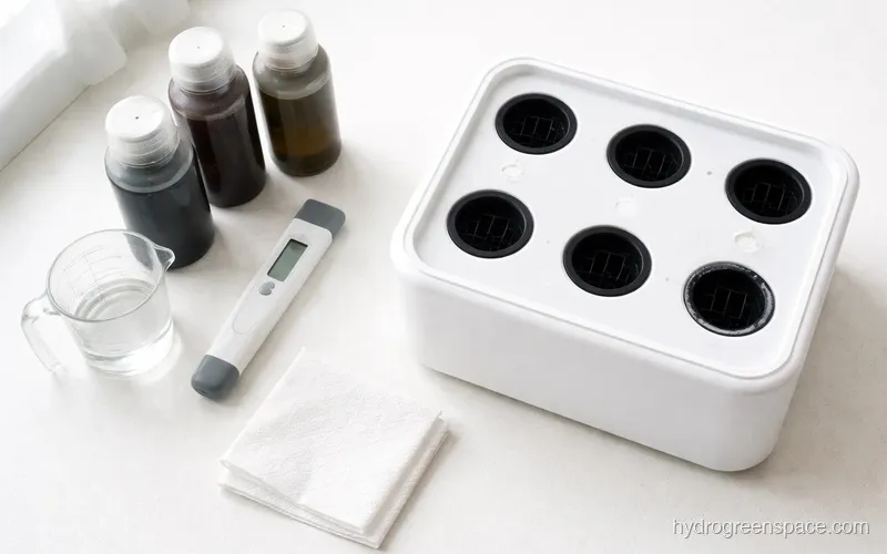 Small hydroponic nutrient bottles and pH testing kit laid out next to a 6-site countertop system