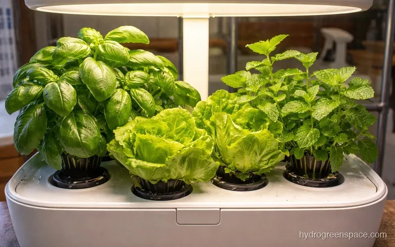 Close-up of basil, butterhead lettuce, and mint growing together in a countertop hydroponic unit