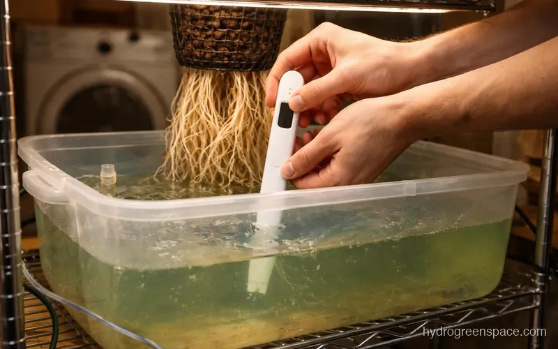 Person checking pH of a hydroponic reservoir with a digital pH meter, with visible plant roots below waterline