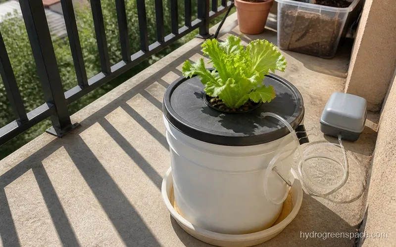A small DWC bucket setup on an apartment balcony with sunlight casting long shadows across the floor