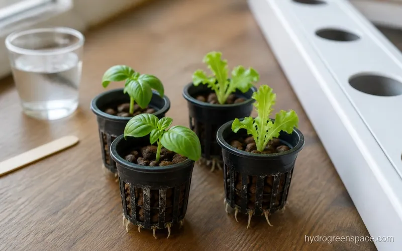 Four net cups with basil and lettuce seedlings ready to be placed in a hydroponic channel