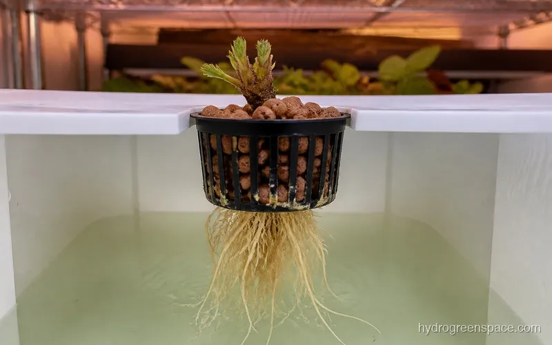 Cross-section view of a net pot showing correct crown placement above growing media with roots extending below