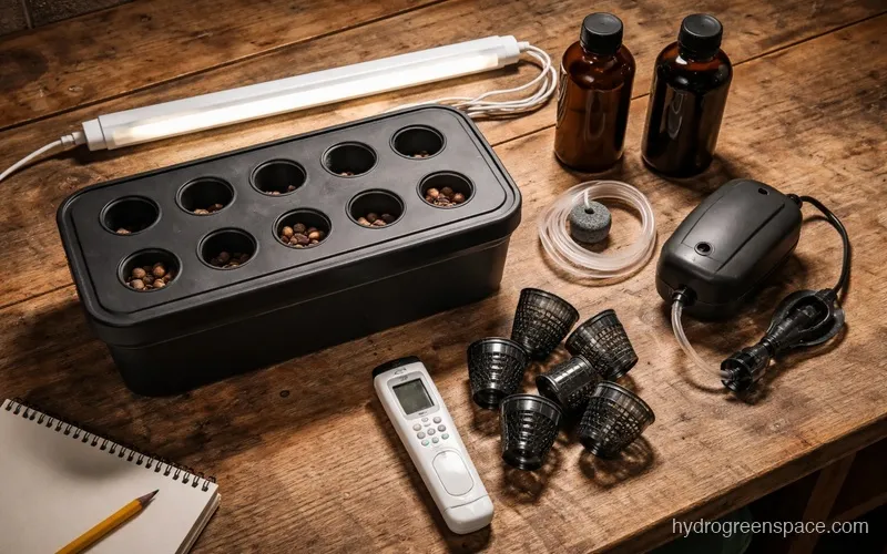 Hydroponic equipment for a basement setup including grow light, air pump, nutrients, and reservoir tote