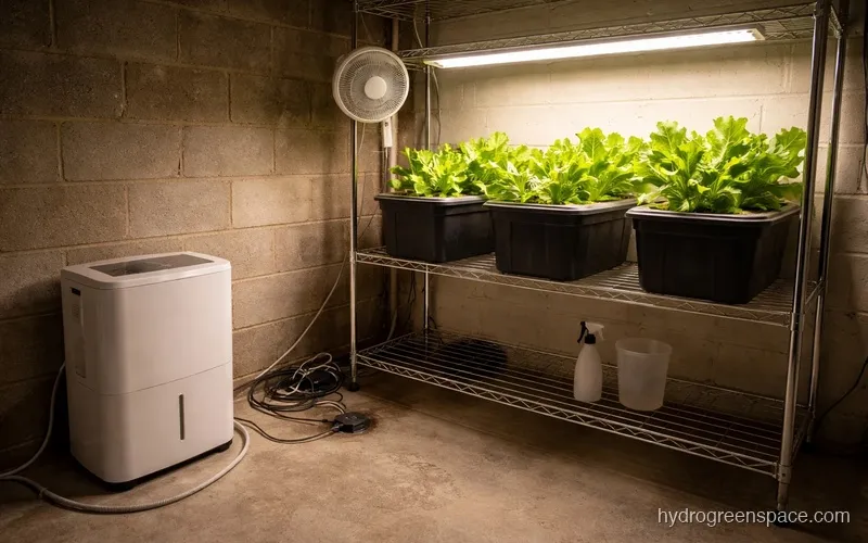 Basement hydroponic grow room with dehumidifier, oscillating fan, and LED grow light above lettuce plants