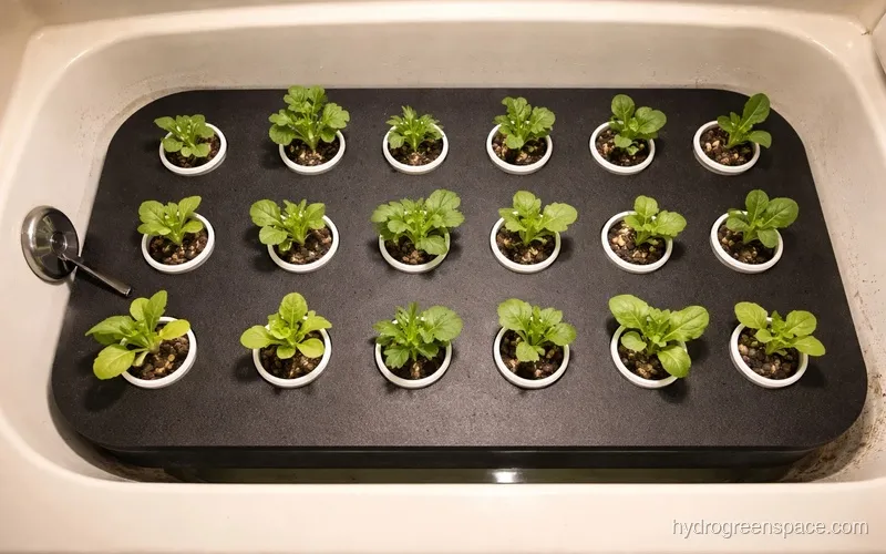 Overhead view of a bathtub DWC setup with net pots in a black foam board cover and leafy greens growing