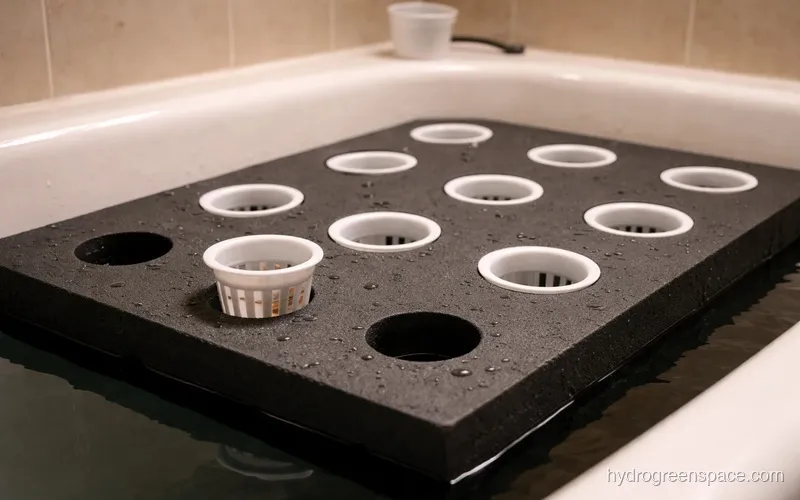 Black foam board cover cut with net pot holes floating on a bathtub reservoir, snug fit around each net pot collar