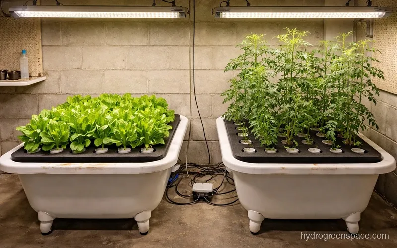 Two bathtub hydroponic systems side by side, one filled with leafy greens and one with taller plants, both with black foam board covers
