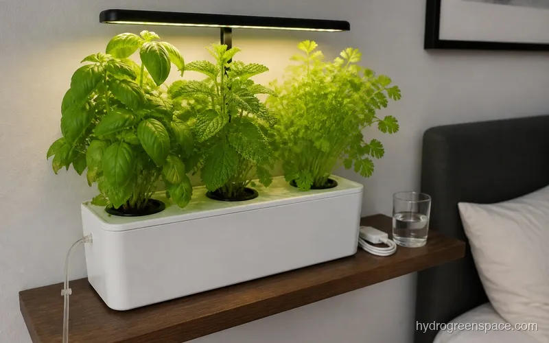 Small hydroponic system on a bedroom shelf with a grow light above and herb plants growing