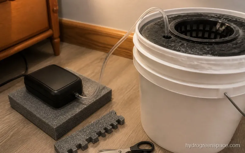 Air pump sitting on a piece of foam next to a DWC bucket reservoir