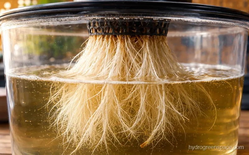 Close-up of dense white healthy roots visible through the side of a clear DWC reservoir with a net pot