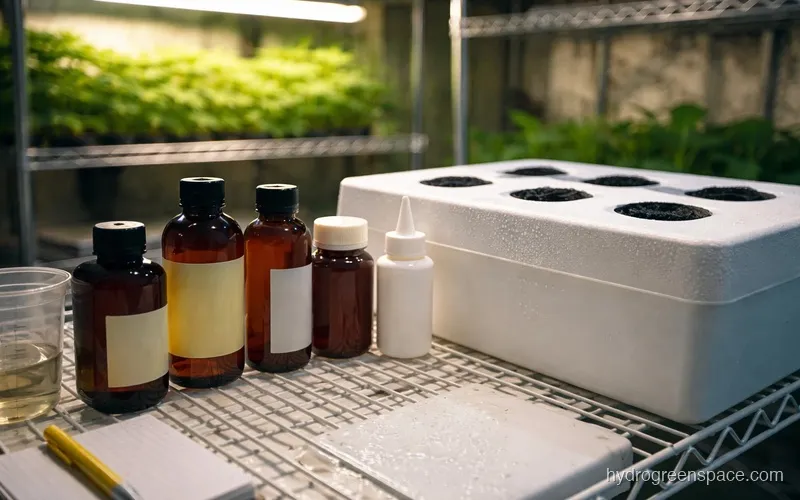 Several small bottles of commercial beneficial bacteria and mycorrhizae products lined up on a shelf next to a hydroponic reservoir