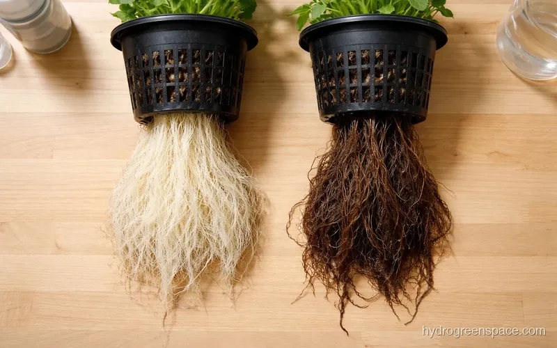 Side-by-side comparison of a healthy white root mass and a brown slimy root mass in separate net pots