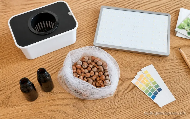 Flat lay of hydroponic starter kit components: reservoir, LED panel, grow media, nutrient bottles, and pH test strips arranged on a table