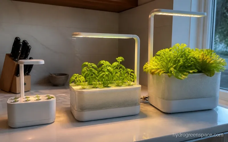 Side-by-side comparison of three hydroponic pod systems on a kitchen counter, showing different sizes and plant heights