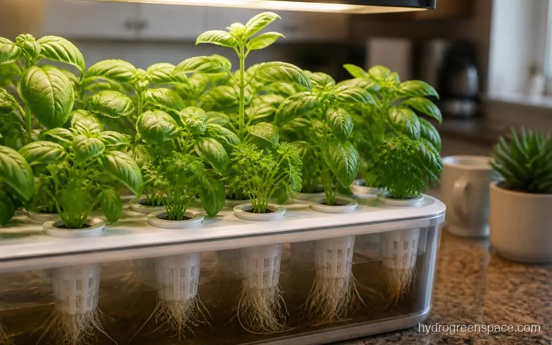Healthy herb plants growing in a pod-style hydroponic system on a kitchen counter, with visible root growth through the pods