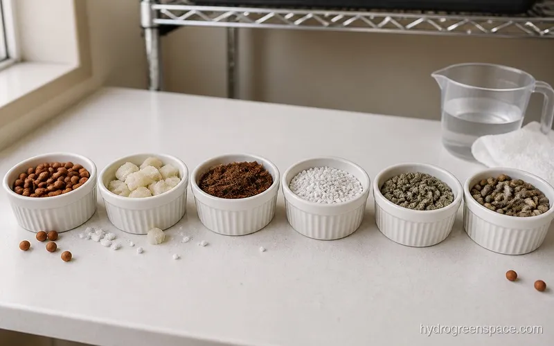 Six types of hydroponic growing media in labeled bowls
