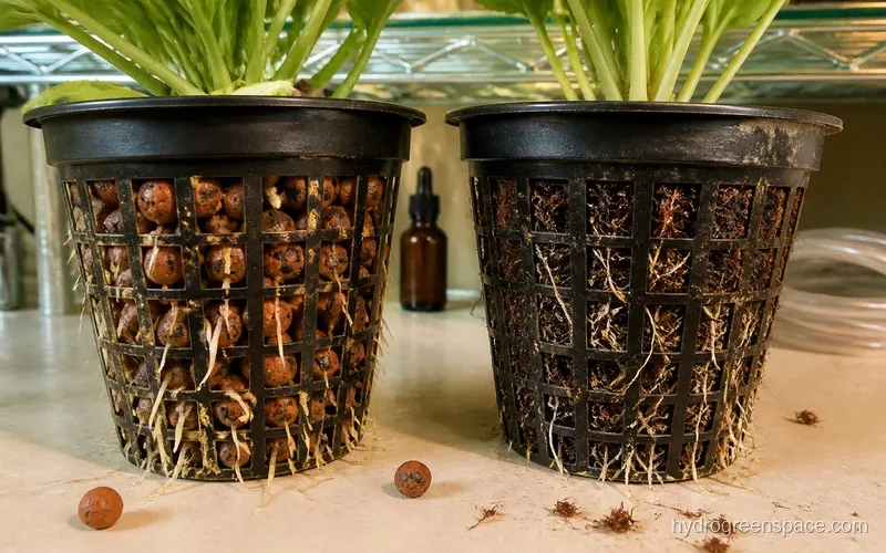 Net pot with clay pebbles next to one with coco coir showing root distribution