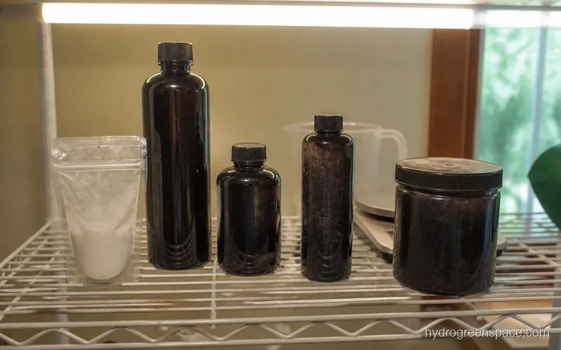 Hydroponic fertilizer comparison showing a powder packet and liquid nutrient bottles lined up on a wire shelf
