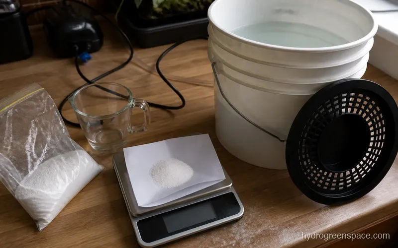 Kitchen scale weighing hydroponic powder nutrients beside a small DWC bucket for precise home hydroponic mixing
