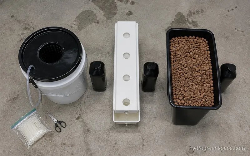 Three hydroponic system types side by side (DWC bucket, NFT tray, and coco coir container) each with a nutrient bottle