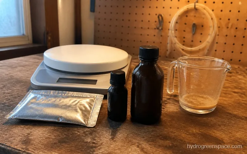 Masterblend powder packet next to General Hydroponics Flora Series liquid bottles on a workbench