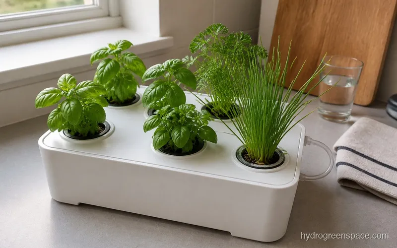 A white 6-pod countertop hydroponic garden on a grey kitchen counter growing basil and chives with mineral deposits on the net pot rims