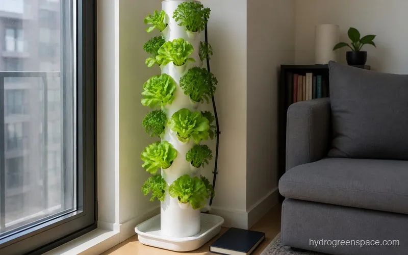 A tall white vertical tower garden in an apartment corner next to a window with staggered pockets of harvest-ready lettuce and parsley
