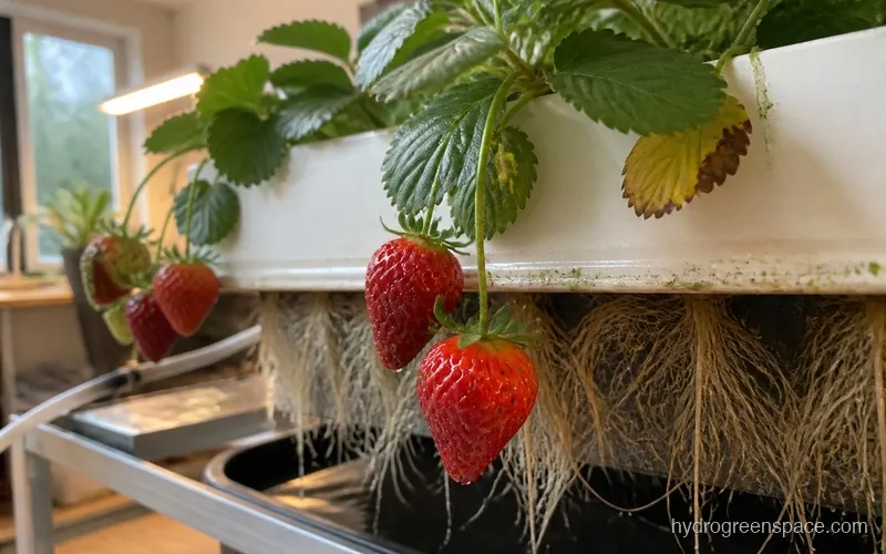 Several ripe hydroponic strawberries hanging from a channel system with visible roots below