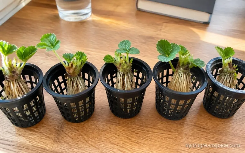 Close-up of strawberry crowns seated in net pots ready to be placed into a channel system