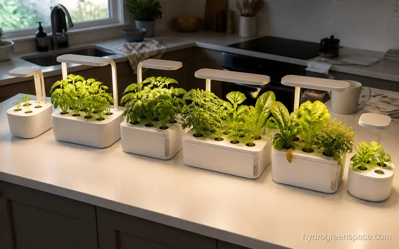 Six different hydroponic herb garden systems lined up on a kitchen counter, plants at varying growth stages